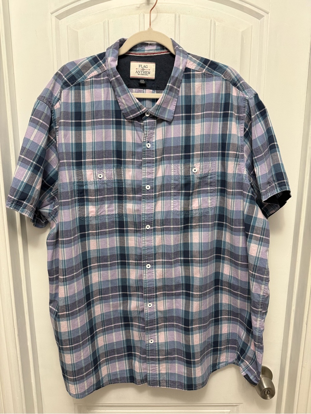 Flag & Anthem Shirt Men's Size 3XL Plaid Button Up Short Slve Blue Plaid (58-9)